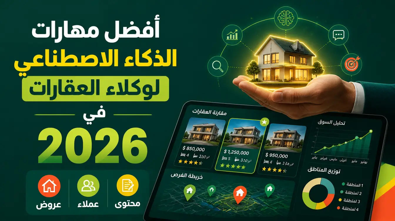 أفضل مهارات الذكاء الاصطناعي لوكلاء العقارات في 2026 (عروض وعملاء ومحتوى)